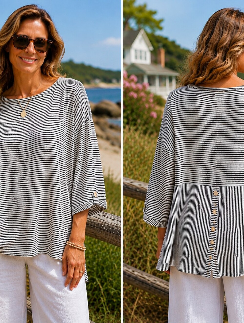 Adrienne Vittadini 100% Linen Top NWT 2X Navy Stripe Abalone Button Back